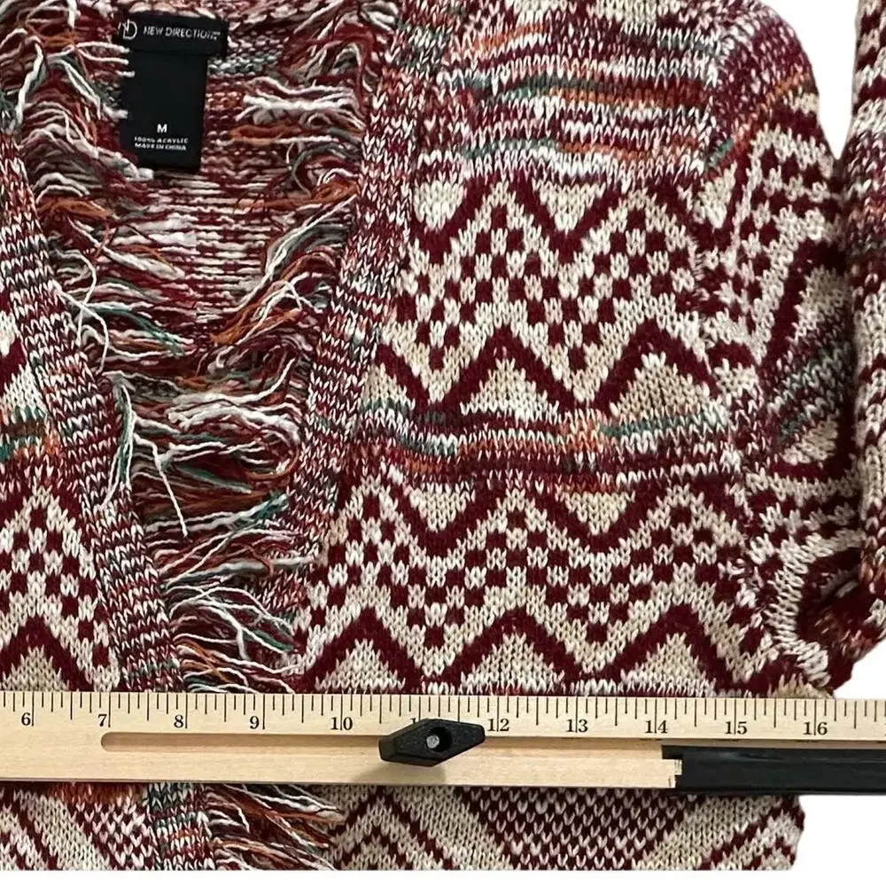 New Direction Womens Open Front Cardigan Sweater Medium Burgundy Aztec Fringe - Picture 6 of 7